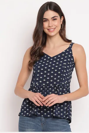Mayra Women Navy Blue Floral Printed Crepe Regular Top