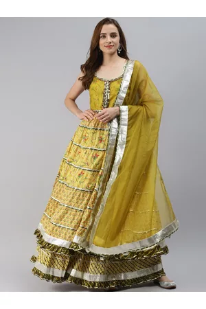 Divena World Women Yellow Ethnic Motifs Embroidered Layered Gotta Patti Pure Cotton Kurti with Skirt & With