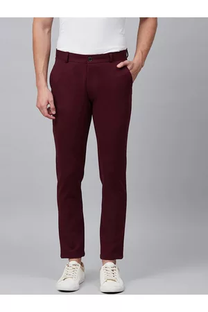 DENNISON Men Burgundy 4-Way Lycra Wrinkle Free Cropped Fit Solid Chinos