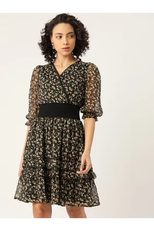 Antheaa Women Black & Green Floral Print Smocked Wrap Dress