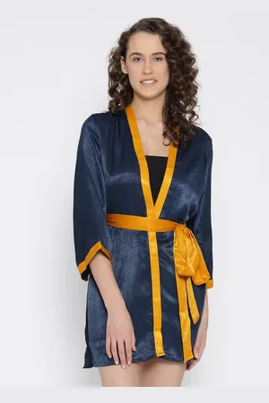 Erotissch Women Navy Blue Solid Mini Length Robe With Satin Finish