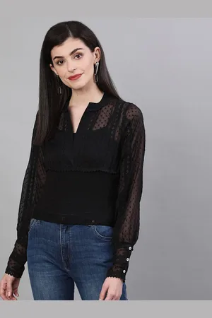 Ishin Black Mandarin Collar Smocked Self Design Georgette Regular Top