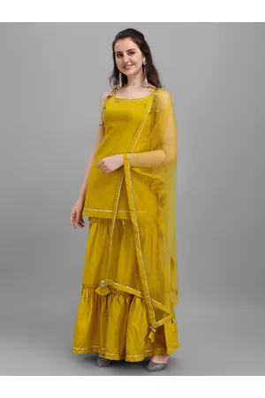 Inddus Women Mustard Yellow Kurta with Sharara & With Dupatta
