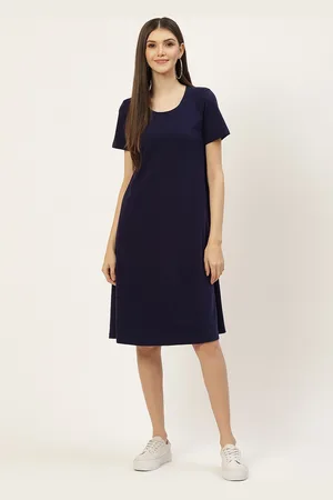 BRINN Navy Blue Solid Pure Cotton A-Line Midi Dress