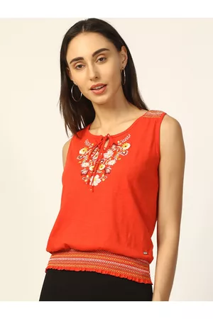 Elle Women Red Embroidered Boat Neck Cinched Waist Top