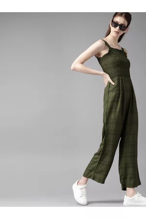 Roadster Women Olive Green & Black Self-Checked Cropped Basic Jumpsuit