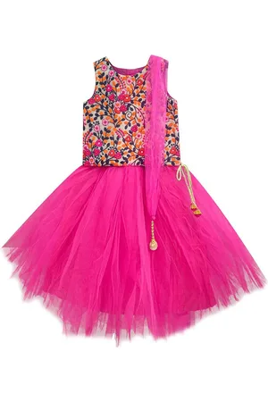 A.T.U.N. Girls Fuchsia & Orange Embroidered Ready to Wear Lehenga Blouse & Net Dupatta