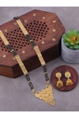 Brandsoon Gold-Plated Black Beaded Long Mangalsutra With Earrings