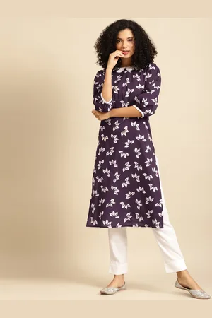 anayna Women Aubergine & White Floral Screen Print Peter-Pan Collar Cotton Fusion Kurta