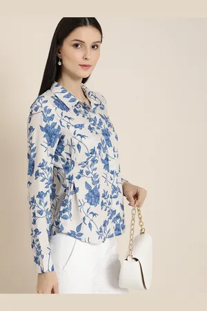 Invictus Women White & Blue Floral Printed Casual Shirt