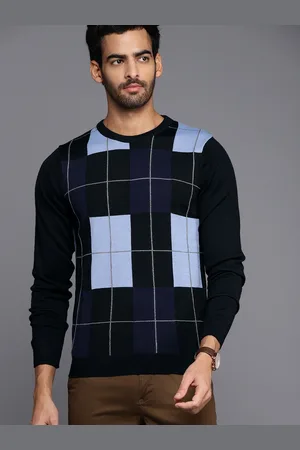 Louis Philippe Men Navy Blue & White Checked Pullover