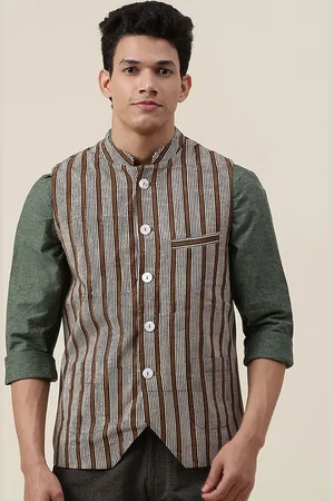 Fabindia Men Brown Striped Cotton Nehru Jackets