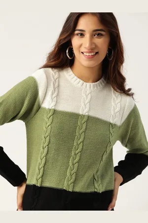 DressBerry Women Olive Green & Black Colourblocked Pullover Sweater