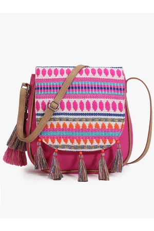 Anekaant Pink Geometric Half Moon Sling Bag with Tasselled