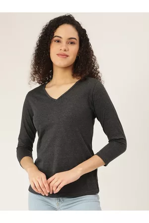 BRINN Women Charcoal Grey V-Neck T-shirt