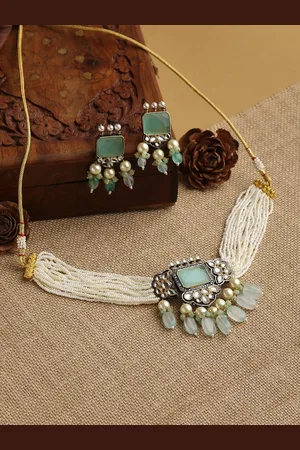 justpeachy Blue & White Beaded & Stone Studded Choker Set