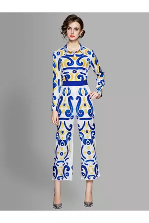 JC Collection Women White & Blue Printed Shirt with Trousers