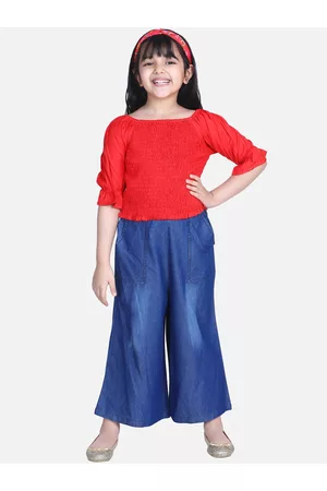 StyleStone Girls Red & Blue Solid Smocked Cotton Top with Denim Culottes