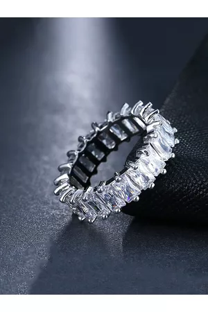 Yellow Chimes Women Rhodium-Plated Silver-Toned Crystal Studded Eternity Band Finger Rings