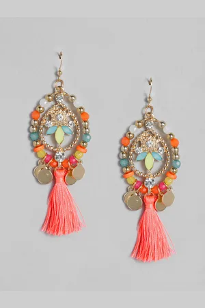 justpeachy Peach-Coloured Gold-Plated Tasselled Contemporary Drop Earrings