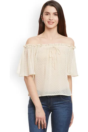 Miss Chase Women Beige Self Design Bardot Top