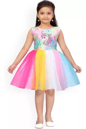 Aarika Girls Multicoloured Unicorn Printed Fit and Flare Dress