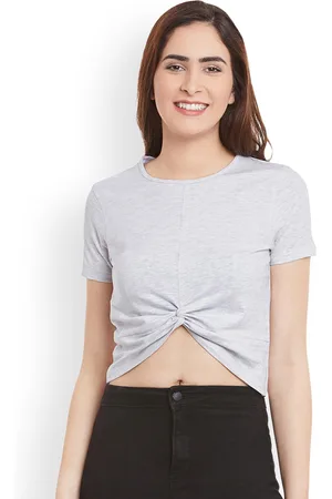 Miss Chase Women Grey Solid Crop Pure Cotton Top