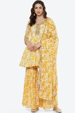 Biba Women Yellow Floral Printed Pleated Thread Work Kurti with Sharara & With Dupatta