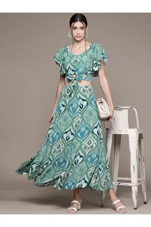 Label Ritu Kumar Women Blue & Green Printed Top with Skirt