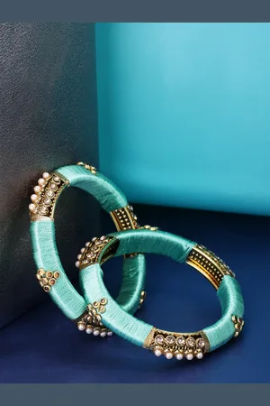 Priyaasi Women Set Of 2 Green Gold-Plated Stone-Studded Handcrafted Bangles