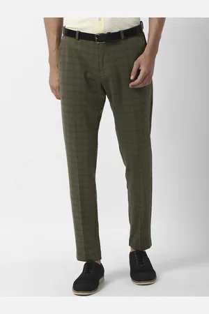 Louis Philippe Men Olive Green Checked Slim Fit Trousers