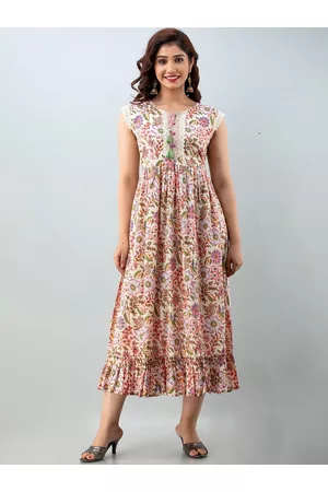 Charu Women Beige Floral Printed Thread Work A-Line Kurta