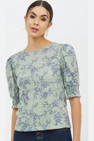 Harpa Women Sea Green Printed Round Neck T-shirt