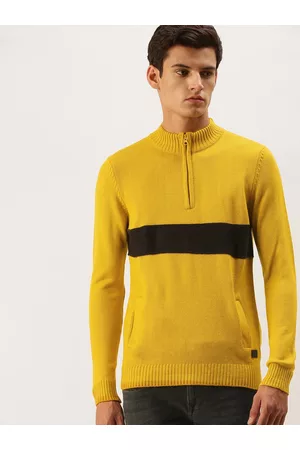 Flying Machine Men Mustard Yellow & Black Colourblocked Pullover Sweater