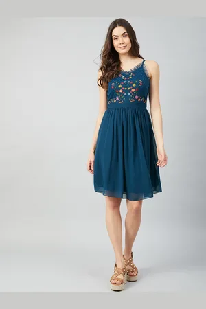 ATHENA Teal Blue Floral Embroidered Shoulder Straps Georgette Fit and Flare Dress