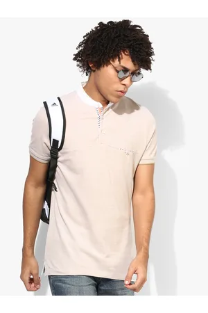 CAMLA Beige Solid Slim Fit Mandarin T-Shirt