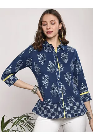 Sangria Women Blue Self Design Shirt Style Pure Cotton Top
