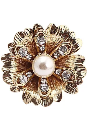 FLYING BERRY Gold-Plated White Stone-Studded & Pearl Beaded Adjustable Finger Ring