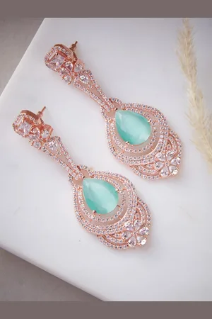 ATIBELLE Gold-Plated & Blue American Diamond Studded Contemporary Drop Earrings