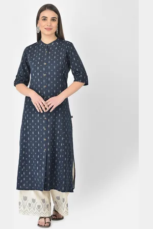 Pistaa Women Navy Blue Ikat Printed Kurta with Palazzos