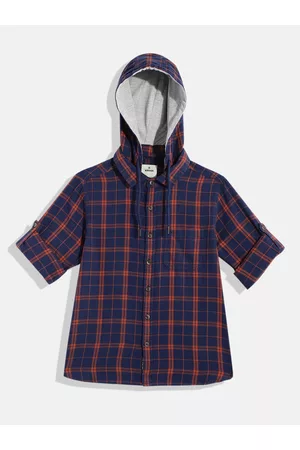 WROGN Boys Navy Blue Slim Fit Checked Pure Cotton Casual Shirt