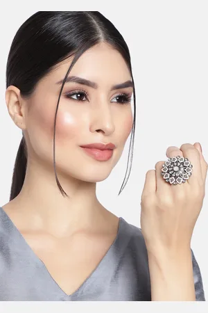 I Jewels Nude Pink & Silver-Toned Oxidised Rhodium Plated Kundan Handcrafted Finger Ring