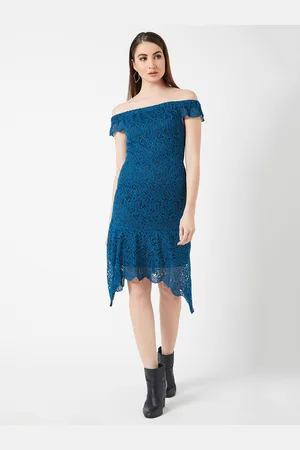 Miss Chase Women Teal Off-Shoulder Lace Sheath Dress