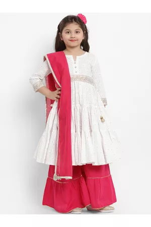 Bhama Girls White Khari Print Kurti with Pink Sharara & Chandri Dupatta