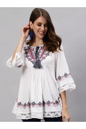 Ishin White & Grey Embroidered A-Line Top