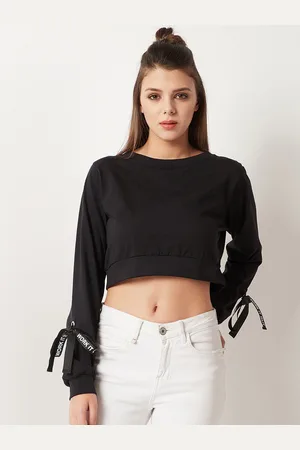 Miss Chase Women Black Solid Crop Pure Cotton Top
