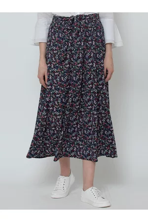 DODO & MOA Women Navy Blue & White Floral Printed A-Line Midi Skirt