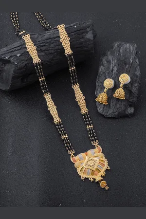 Brandsoon Gold-Plated Black Beaded Mangalsutra WIth Earrings