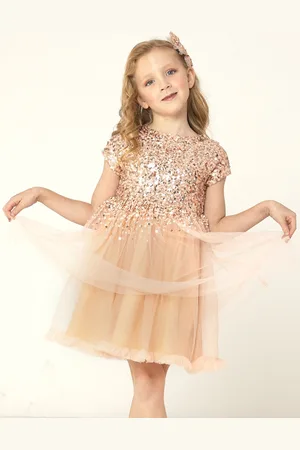 Cherry Crumble Girls Peach Embellished Glitter Party Dress