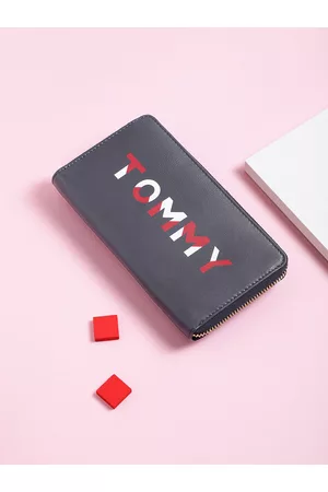Tommy Hilfiger Women Navy Blue & Red Typography Printed Leather Zip Around Wallet